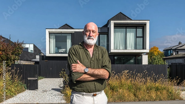 Fototapeta A senior Caucasian man stands confidently in front of a modern off-grid house with large windows. The property features a black fence and a gravel pathway.