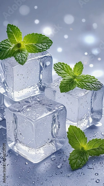 Fototapeta Ice cubes with fresh mint leaves on a blue background. Water droplets are visible on the surface, creating a refreshing and cool atmosphere.