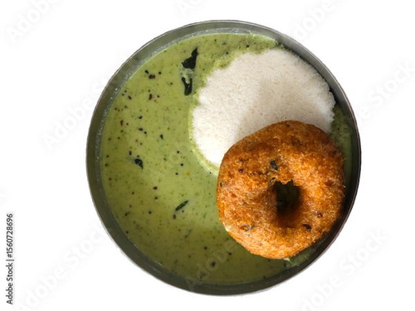 Obraz South Indian Breakfast with Idli, Vada and Coconut Chutney in Top View Composition