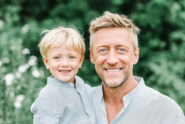 Fototapeta A smiling Caucasian man holds a young boy with blond hair. They are outdoors surrounded by greenery and flowers, enjoying a sunny day together.