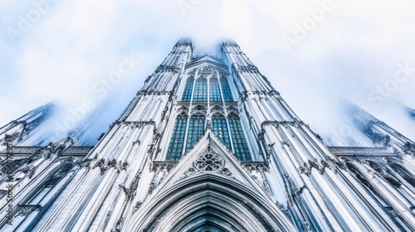Fototapeta Gothic cathedral with intricate architecture. Tall spires reach into a cloudy sky. The scene evokes a mystical and esoteric atmosphere, perfect for Halloween themes.