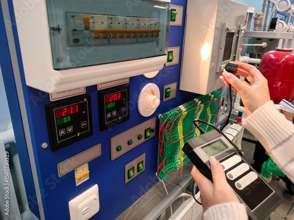 Fototapeta Water supply system control panel with switches and indicators. The engineer controls the process.