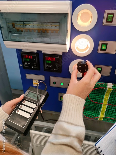 Fototapeta Water supply system control panel with switches and indicators. The engineer controls the process.
