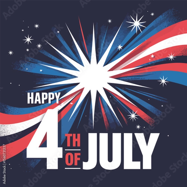 Fototapeta Happy 4th of july greeting with colorful patriotic fireworks and starburst design in red, white, and blue for usa independence celebration