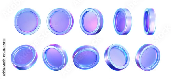 Fototapeta 3D holographic coin icon with purple neon effect, isolated on dark background. Iridescent chrome coin render, game token, casino chip, digital currency, or holo reward medal. 3D vector illustration