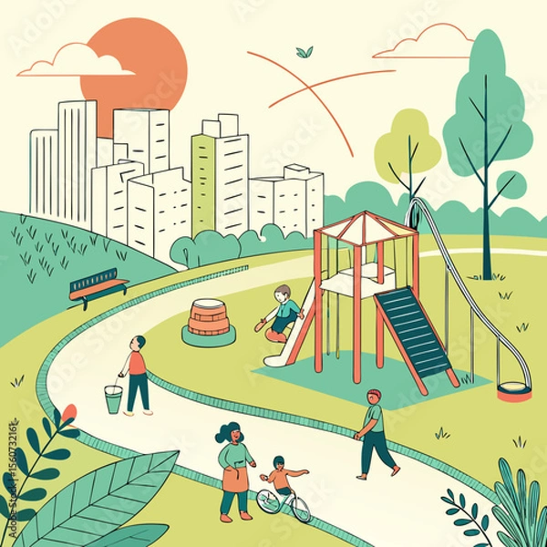 Fototapeta Illustration depicting children playing in a park with city buildings in the background scene