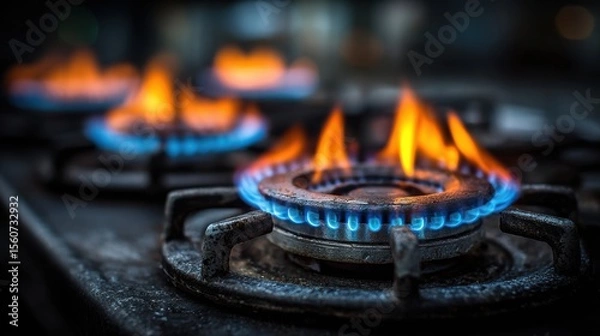 Fototapeta Vibrant blue flames flicker above gas burners in a contemporary kitchen, illuminating a cooking experience filled with warmth and energy. The atmosphere is lively and inviting.