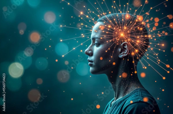 Fototapeta Creative expression and inspiration visualized through abstract lights around a person's head captured in a serene environment