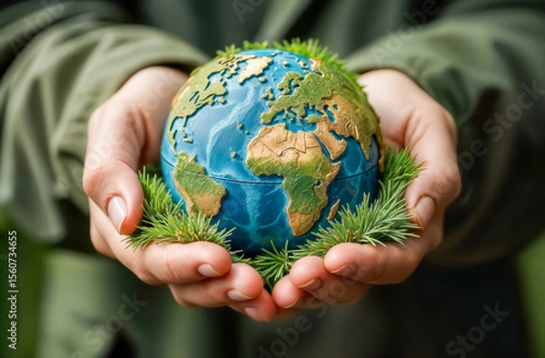 Fototapeta Environmentally conscious individual holds a globe surrounded by greenery in a natural setting during daylight