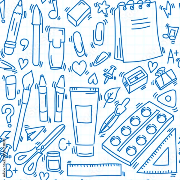 Fototapeta Seamless pattern from school stationery back to school doodle on a checkered background