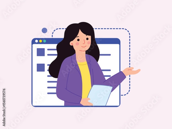 Fototapeta Flat character vector of a professional woman in a blazer and heels giving a presentation with an background web and paper