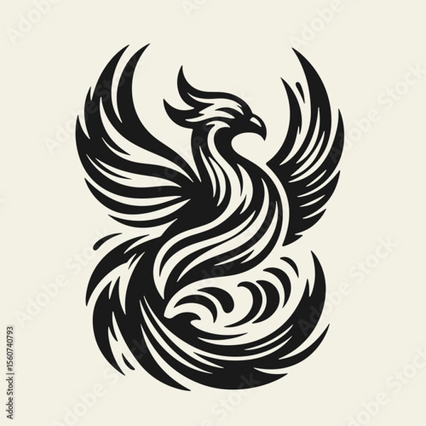 Fototapeta Black and white silhouette tattoo design of a phoenix bird, stylized in vintage woodcut or linocut technique. Clean lines, retro aesthetic, powerful mythical creature rising.