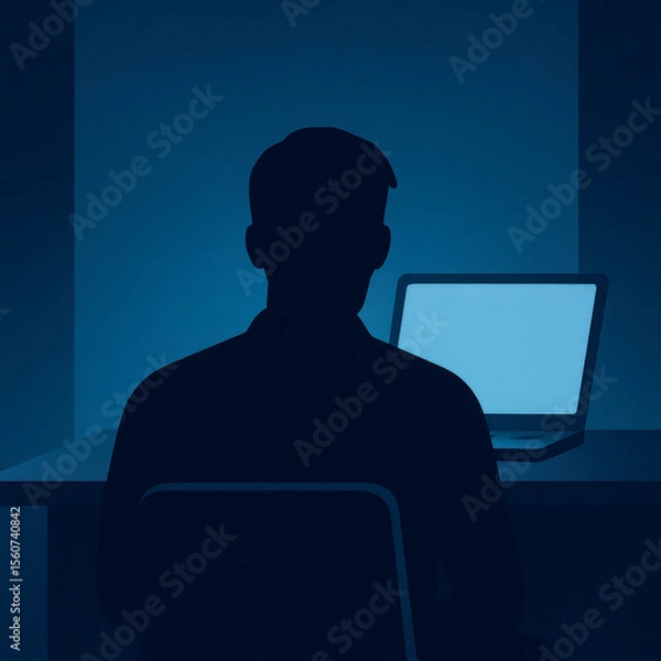 Fototapeta Moody illustration of a lone male figure sitting at a desk with a glowing laptop, symbolizing isolation and manosphere themes.