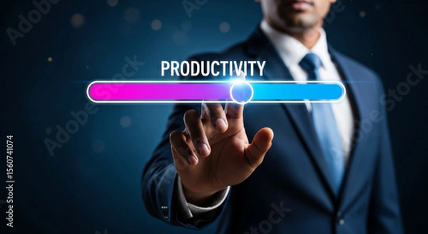 Fototapeta Businessman touching a productivity progress bar on a futuristic interface