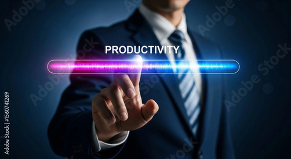 Fototapeta Businessman touching a glowing productivity progress bar on a dark background