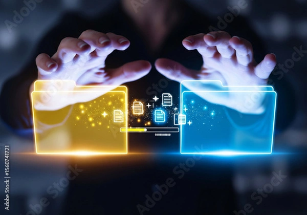 Fototapeta Hands transferring digital files between glowing folders with progress bar