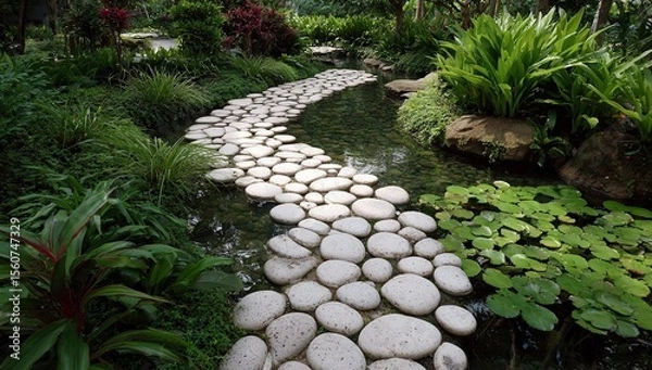 Fototapeta Close-up of perfectly arranged white round stones in the shape of a stepping path leading to water, surrounded by lush greenery and plants in a serene garden setting