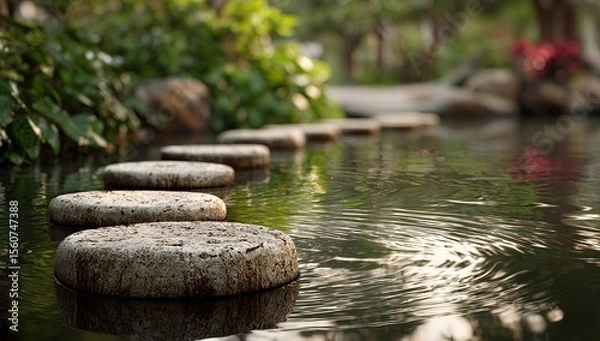 Fototapeta Close-up of perfectly arranged white round stones in the shape of a stepping path leading to water, surrounded by lush greenery and plants in a serene garden setting