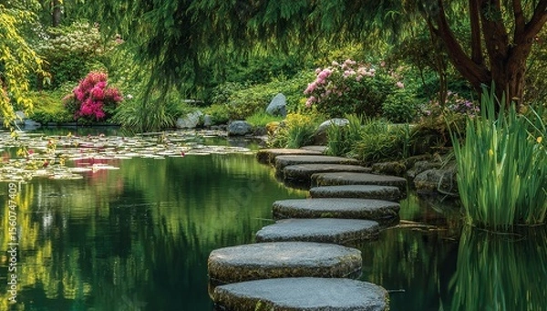 Fototapeta Close-up of perfectly arranged white round stones in the shape of a stepping path leading to water, surrounded by lush greenery and plants in a serene garden setting
