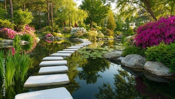 Fototapeta Close-up of perfectly arranged white round stones in the shape of a stepping path leading to water, surrounded by lush greenery and plants in a serene garden setting