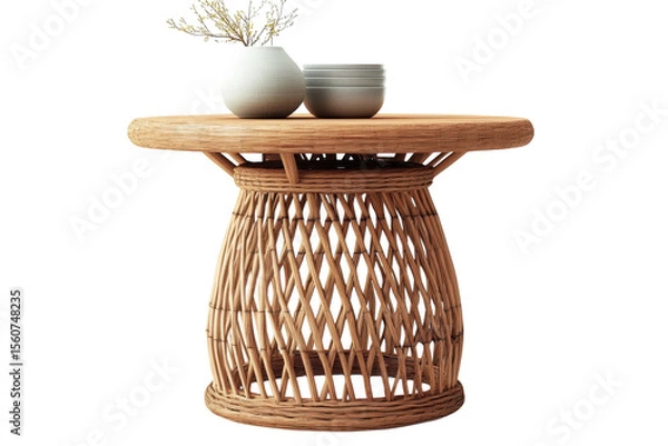 Fototapeta A charming woven table adorned with minimalist pottery bringing a touch of bohemian serenity on transparent background