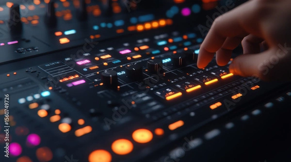 Fototapeta An audio mixer with four level sliders, one hand pushing a lever, styled like conceptual playlists with light gray tones, energetic gestures, and a mix of digital and manual elements...