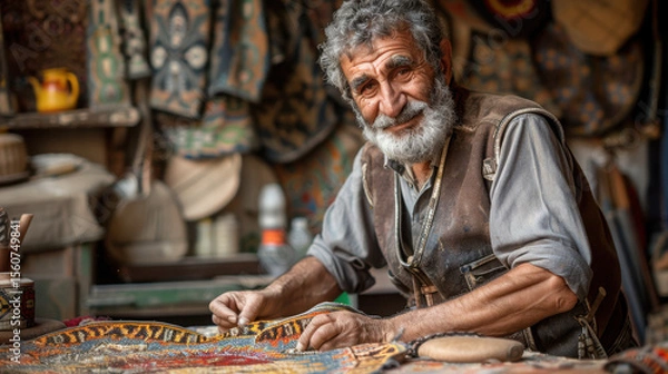 Fototapeta A master artisan teaches ancient craft traditions to the younger generation in a workshop, focusing on creating bags, belts, and buckles with skill and care...