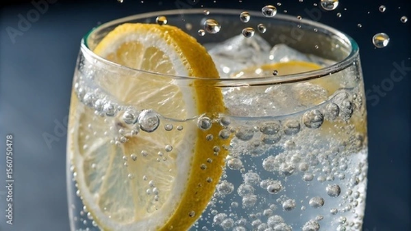 Fototapeta Close up of a glass of sparkling water with lemon slice and ice cubes against a dark background - ai generated
