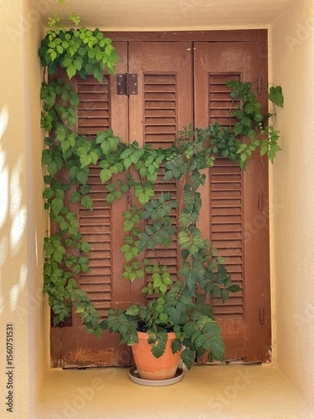 Obraz Window Italian style, bindweed flowers in front of closed window shutters