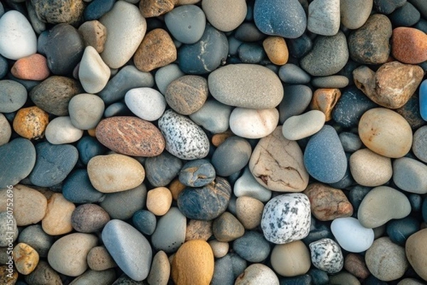 Fototapeta Close-up view of a textured surface composed of various-colored, smooth pebbles
