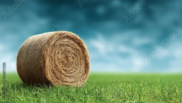 Fototapeta A round bale of hay sitting on top of lush green grass with a blue sky in the background.