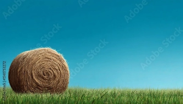 Fototapeta A round bale of hay sitting on top of lush green grass with a blue sky in the background.