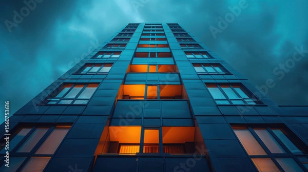 Fototapeta A sleek modern building featuring clean lines, glass facades, and contemporary architectural design, set against a clear sky...