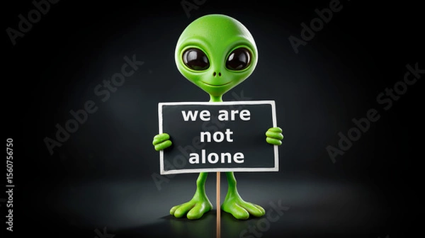 Fototapeta Alien holds sign stating We Are Not Alone in a dark setting emphasizing extraterrestrial themes