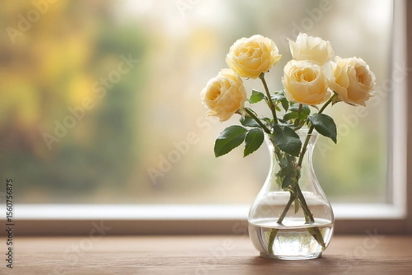 Fototapeta Bouquet of fresh yellow roses in a clear glass vase on a wooden table near window light
