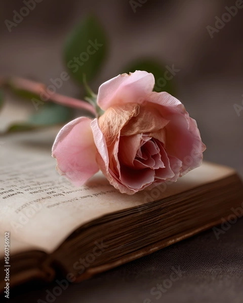 Fototapeta Close-up of a single dried rose lying on an old book, soft natural lighting