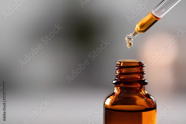 Fototapeta Dropper dripping rose essential oil into small amber glass bottle, close-up with soft natural lighting, layout with copy space