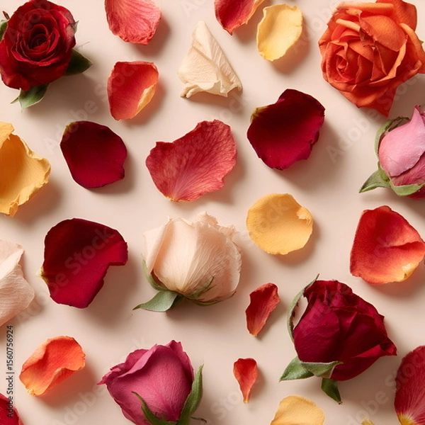Fototapeta Flat lay of various dried roses and petals arranged aesthetically on a neutral background