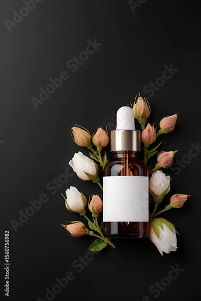 Fototapeta Minimalist product shot of rose oil bottle with dried rose buds and empty label mock up