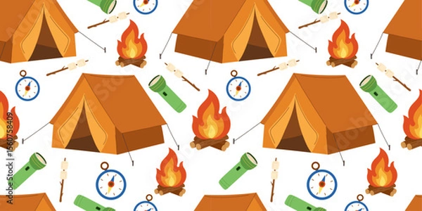 Fototapeta Camping seamless pattern with tents, bonfires, marshmallows, flashlights, and compasses — colorful vector background with camping gear and outdoor elements. Ideal for adventure-themed designs.