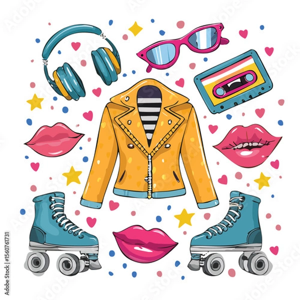Obraz Colorful retro pop art illustration featuring roller skates headphones jacket cassette sunglasses and lipstick elements