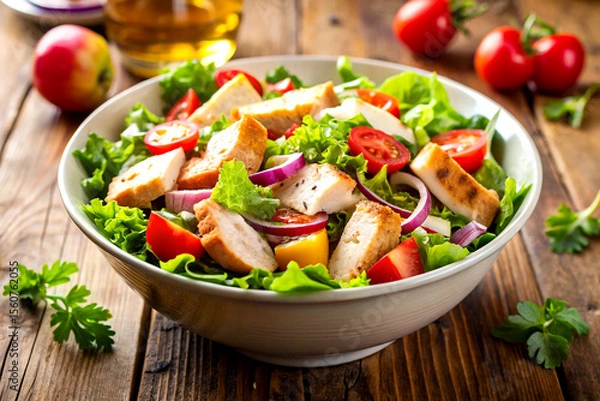 Fototapeta Fresh Chicken Salad in a Bowl with Crisp Veggies and Herbs, Created with AI Generative