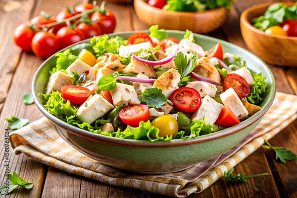 Fototapeta Vibrant Bowl of Fresh Chicken Salad with Colorful Vegetables, Generative AI