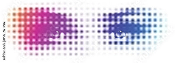 Fototapeta Halftone vector of human eyes formed by colorful dot gradients. Smooth dispersion with purple, orange, and blue tones on white background.