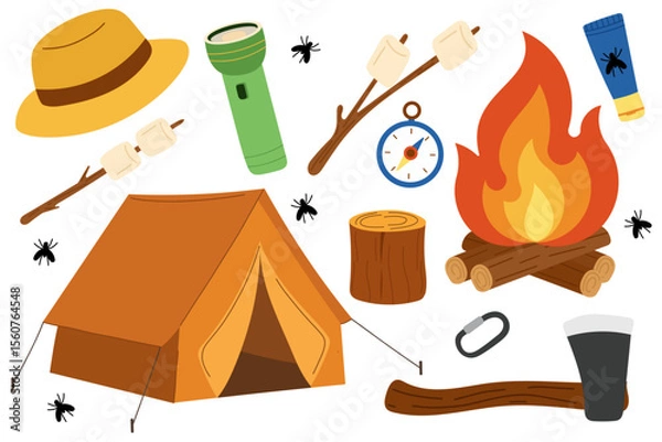 Obraz Camping equipment vector set with tent, campfire, flashlight, marshmallows, compass, axe, and forest elements — a ranger hat, tree stump, carabiner, and insects. Perfect for summer camp materials.