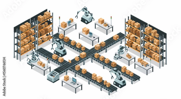 Fototapeta Adobe Illustrator vector flat style illustration of an isometric automated warehouse and factory, showcasing robotic arms, conveyor belts, and shelves with boxes for logistics and production