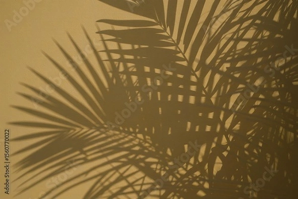 Fototapeta A delicate pattern of palm leaves casts intricate shadows across a plain beige wall, creating a beautiful interplay of light and dark areas, with sharply defined leaf segments and detailed natural tex