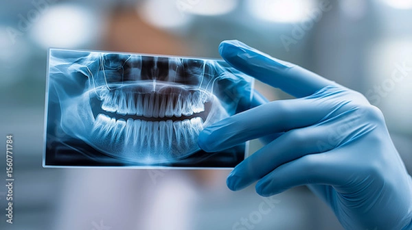 Obraz Close-up of gloved hand holding dental X-ray showing teeth and jaw structure