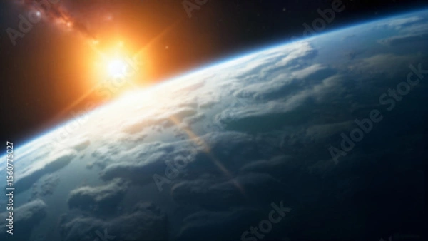 Fototapeta Blurred image of Earth from space showing a blue atmosphere and sunrise over the planet. Useful for illustrating global concepts, astronomy, or environmental topics.