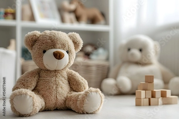 Obraz Soft teddy bear and wooden blocks in a bright playroom Generative AI